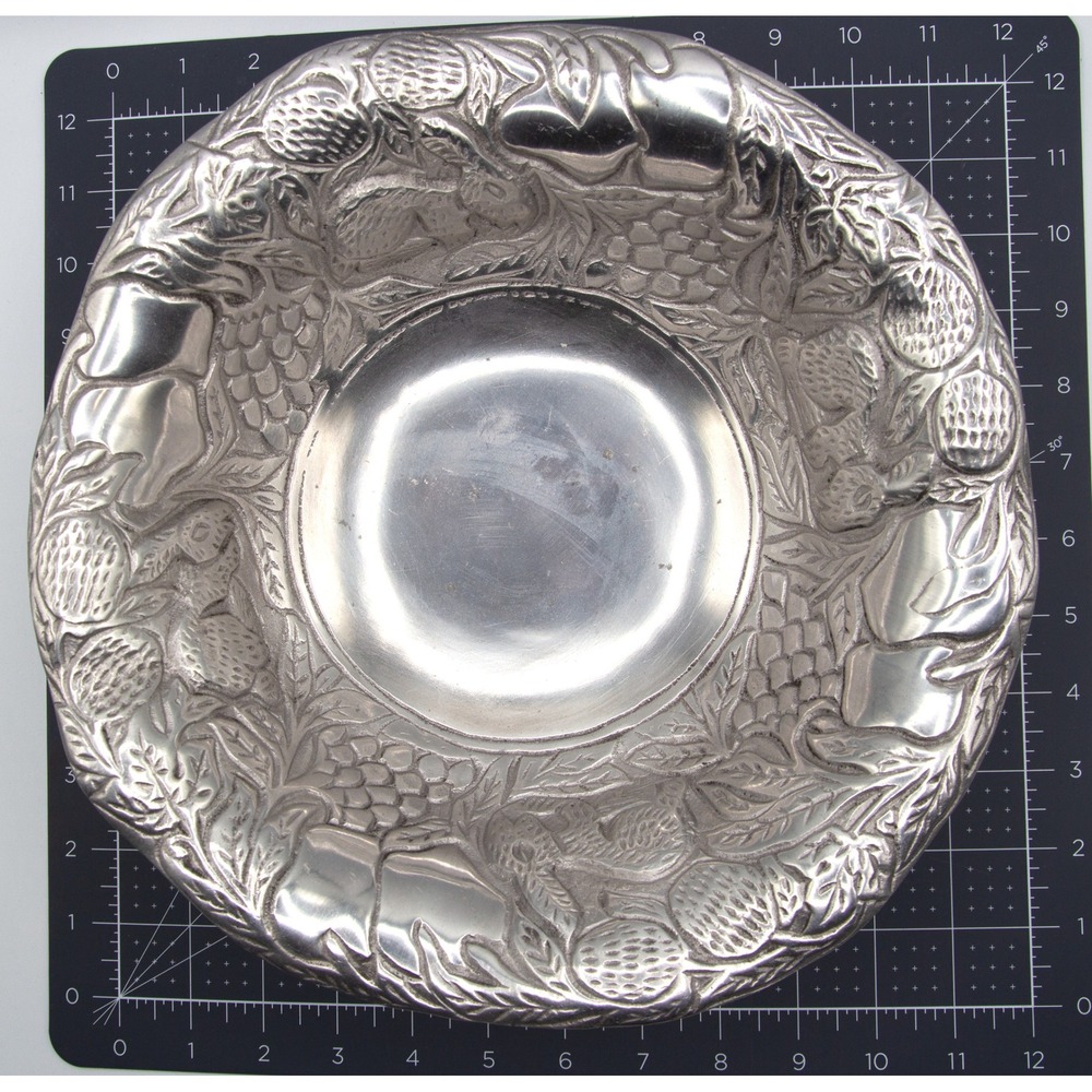 Vintage Aluminum Rabbit Strawberry‎ Embossed Decorative Bowl Made in India 12"
